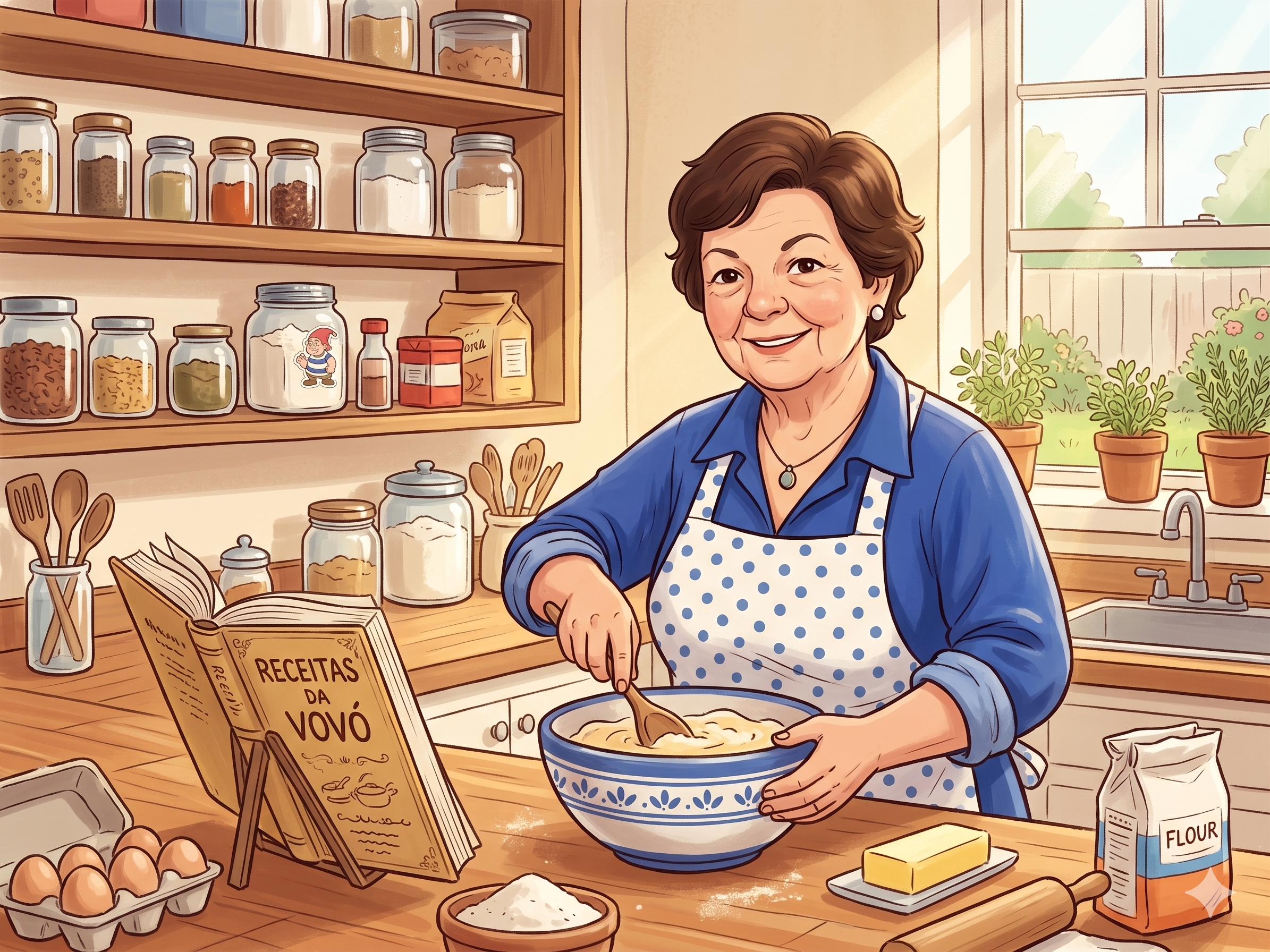 Ilustração da Vovó Isa cozinhando em sua cozinha, com o caderno de receitas aberto e ingredientes sobre a bancada.
